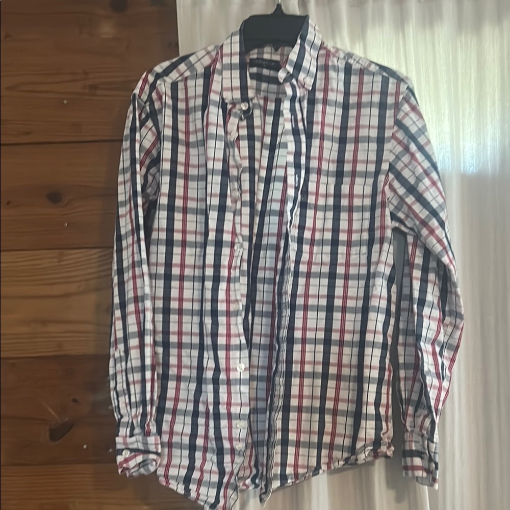 Red and Blue Casual Button Down Shirt with Plaid Pattern